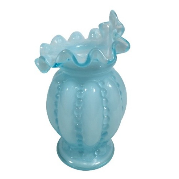 Vtg Fenton Beaded Blue Glass Ruffled Overlay Tulip Jack in the Pulpit Melon Vase - Picture 2 of 10